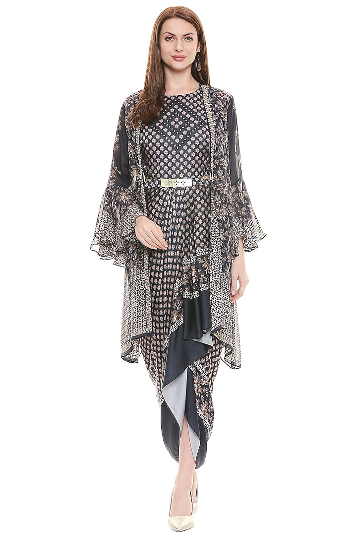 Navy Blue Printed Vacation Dress With Jacket by Soup by Sougat Paul at Pernia's Pop Up Shop