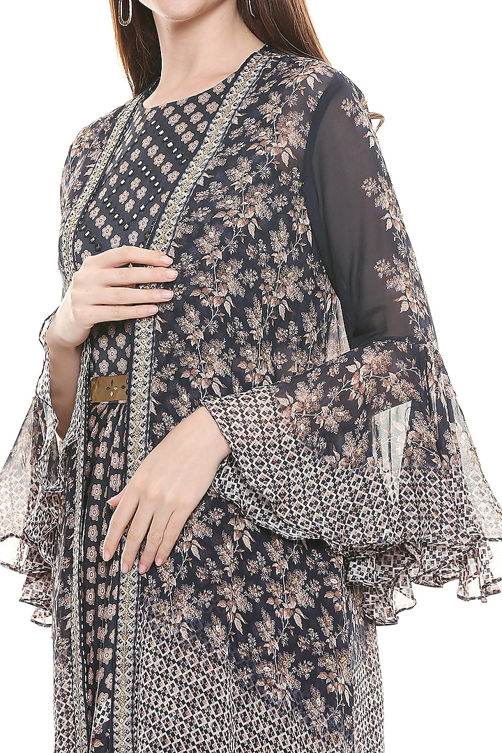 Navy Blue Printed Vacation Dress With Jacket by Soup by Sougat Paul at Pernia's Pop Up Shop