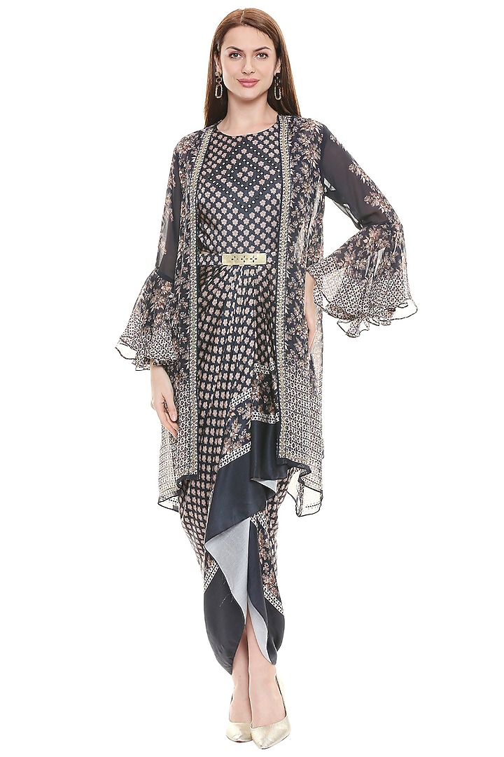 Navy Blue Printed Vacation Dress With Jacket by Soup by Sougat Paul at Pernia's Pop Up Shop