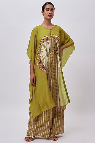 Green Cotton Digital Printed Jumpsuit With Cape by Soup by Sougat Paul
