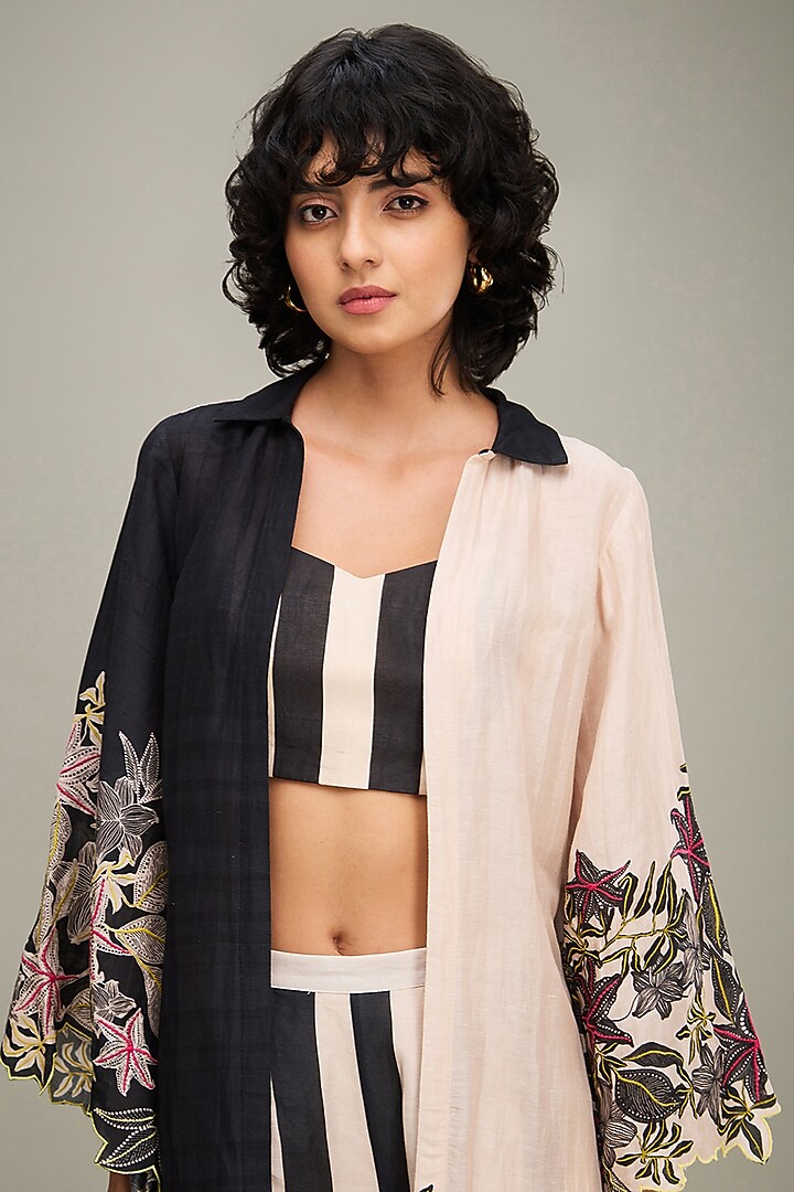 Black Linen Embellished Jacket Set by Soup by Sougat Paul at Pernia's Pop Up Shop