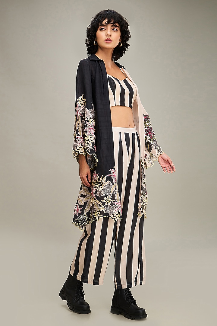 Black Linen Embellished Jacket Set by Soup by Sougat Paul at Pernia's Pop Up Shop
