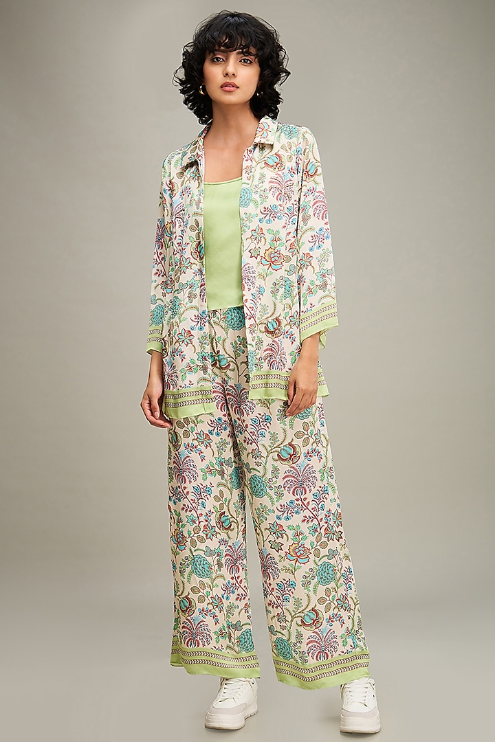 Multi-Colored Satin Printed Jacket Set by Soup by Sougat Paul