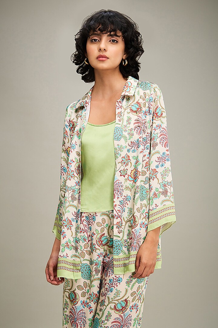 Multi-Colored Satin Printed Jacket Set by Soup by Sougat Paul at Pernia's Pop Up Shop