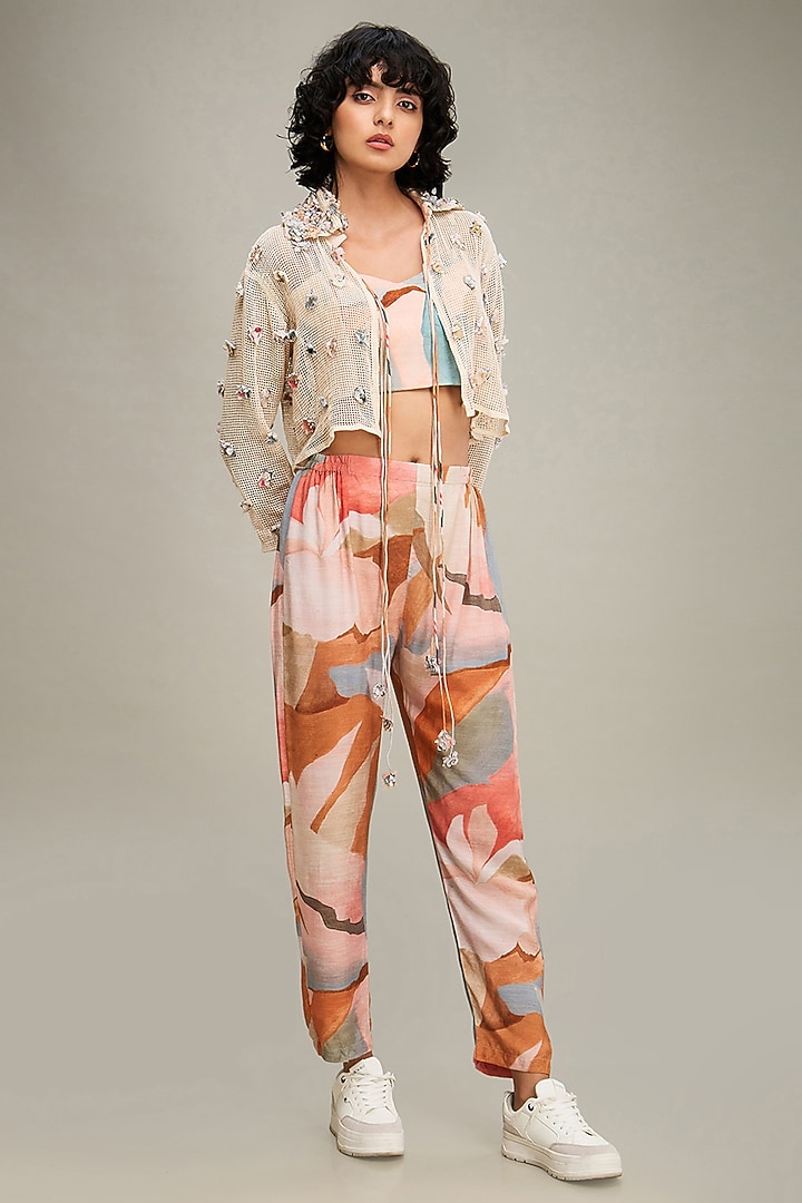 Off-White Handloom Net Printed & Embellished Jacket Set by Soup by Sougat Paul at Pernia's Pop Up Shop