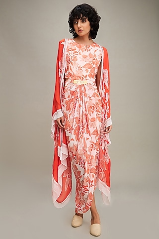Red Flat Chiffon Printed Jacket Draped Dress by Soup by Sougat Paul
