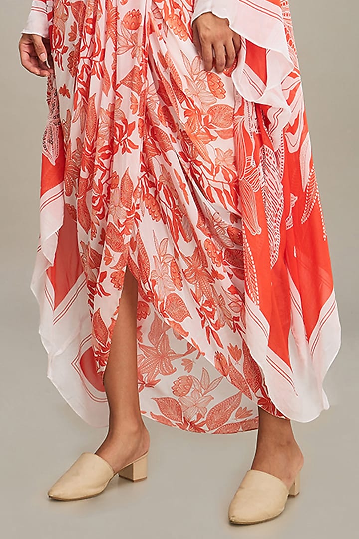 Red Flat Chiffon Printed Jacket Draped Vacation Dress by Soup by Sougat Paul at Pernia's Pop Up Shop