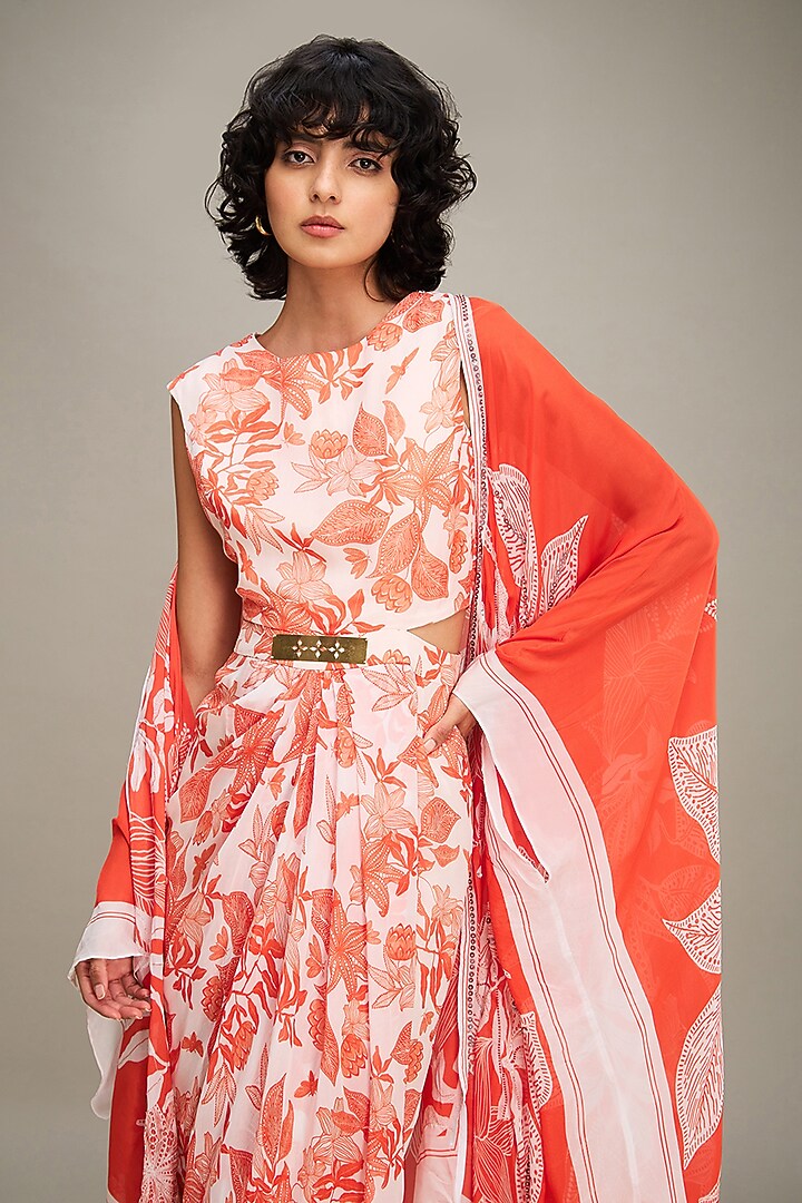 Red Flat Chiffon Printed Jacket Draped Vacation Dress by Soup by Sougat Paul at Pernia's Pop Up Shop