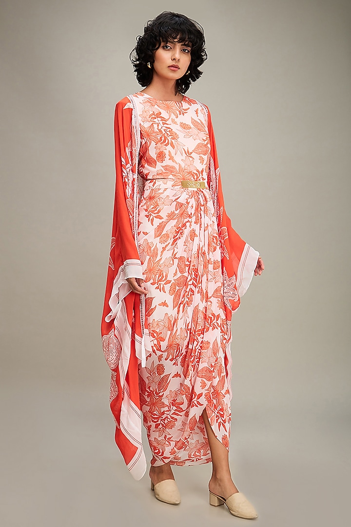 Red Flat Chiffon Printed Jacket Draped Vacation Dress by Soup by Sougat Paul at Pernia's Pop Up Shop