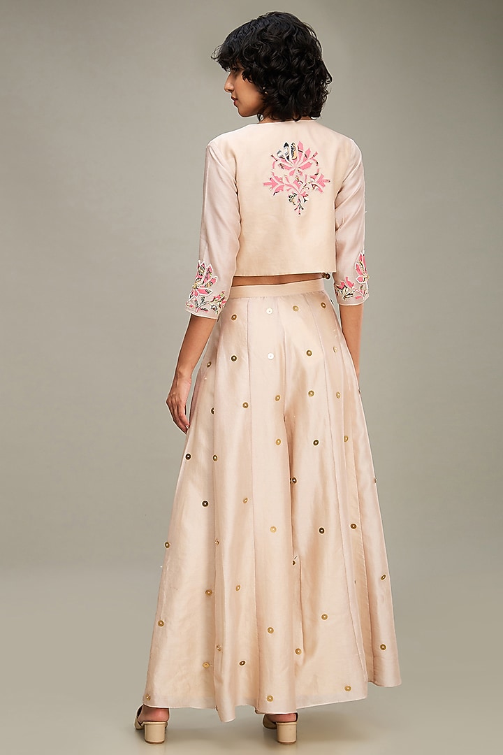 Beige Chanderi Applique Embroidered Jacket Set by Soup by Sougat Paul at Pernia's Pop Up Shop