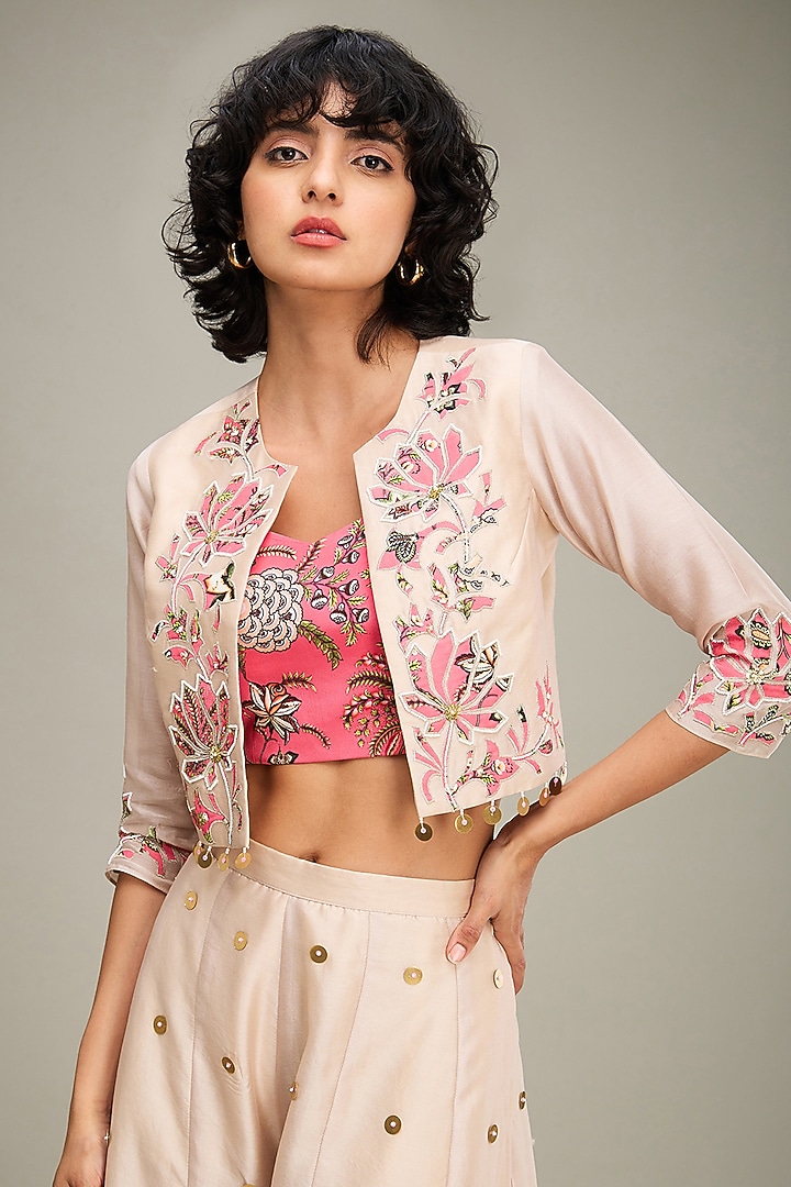 Beige Chanderi Applique Embroidered Jacket Set by Soup by Sougat Paul at Pernia's Pop Up Shop