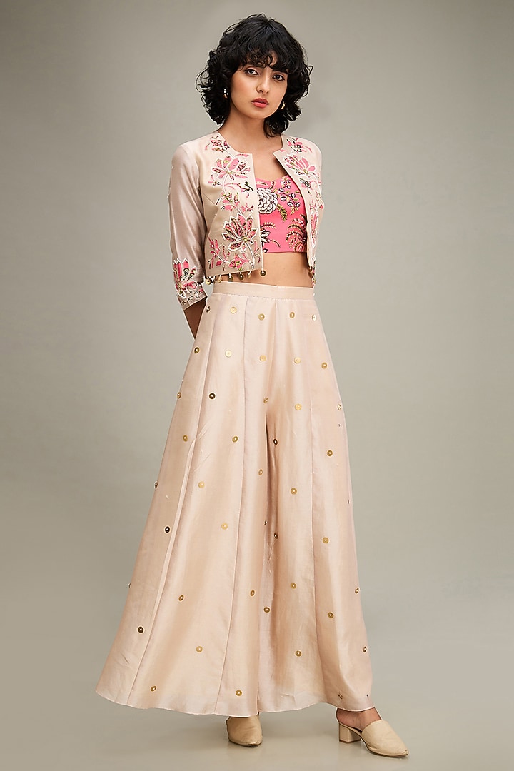 Beige Chanderi Applique Embroidered Jacket Set by Soup by Sougat Paul at Pernia's Pop Up Shop