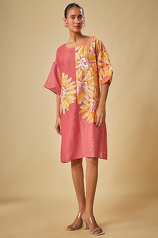 Pink Linen Embellished Boxy Dress by Soup by Sougat Paul