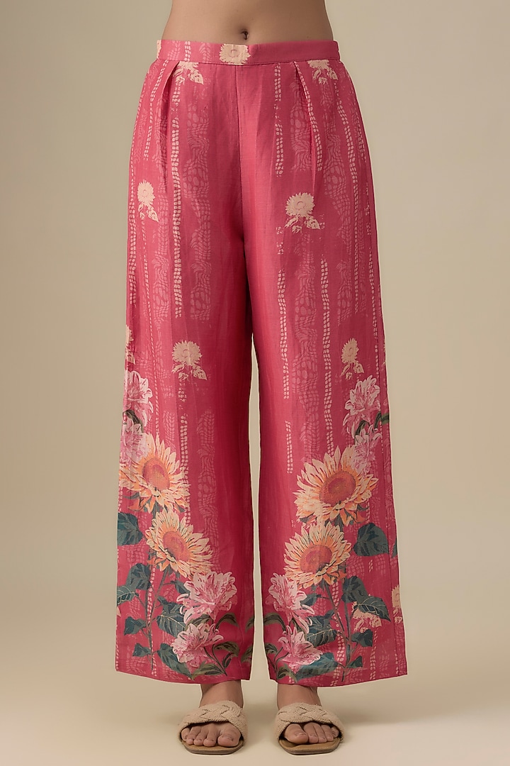 Pink Linen Digital Printed & Floral Embellished Co-Ord Set by Soup by Sougat Paul at Pernia's Pop Up Shop
