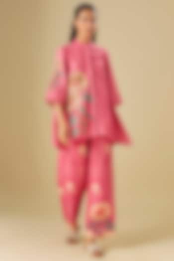 Pink Linen Floral Printed & Hand Embroidered Co-Ord Set by Soup by Sougat Paul at Pernia's Pop Up Shop