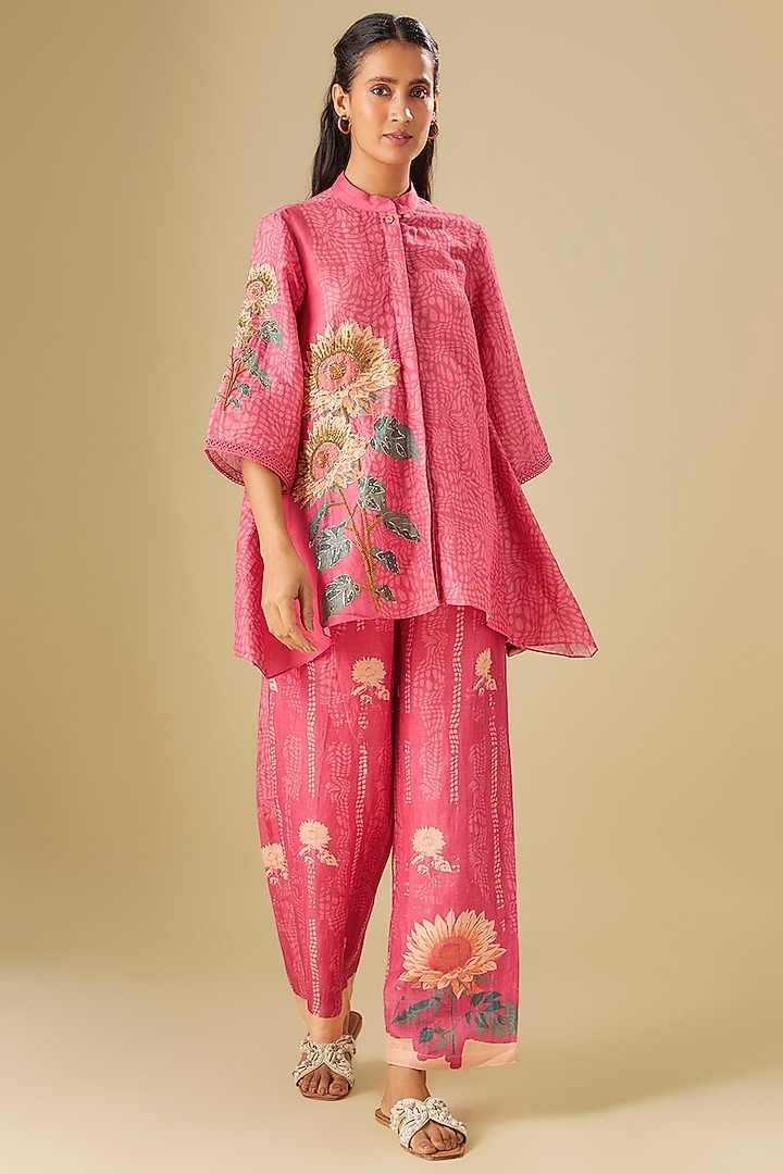 Pink Linen Floral Printed & Hand Embroidered Co-Ord Set by Soup by Sougat Paul at Pernia's Pop Up Shop