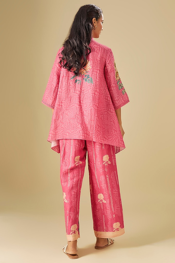 Pink Linen Floral Printed & Hand Embroidered Co-Ord Set by Soup by Sougat Paul at Pernia's Pop Up Shop