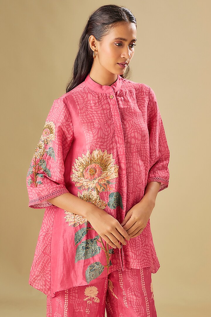 Pink Linen Floral Printed & Hand Embroidered Co-Ord Set by Soup by Sougat Paul at Pernia's Pop Up Shop