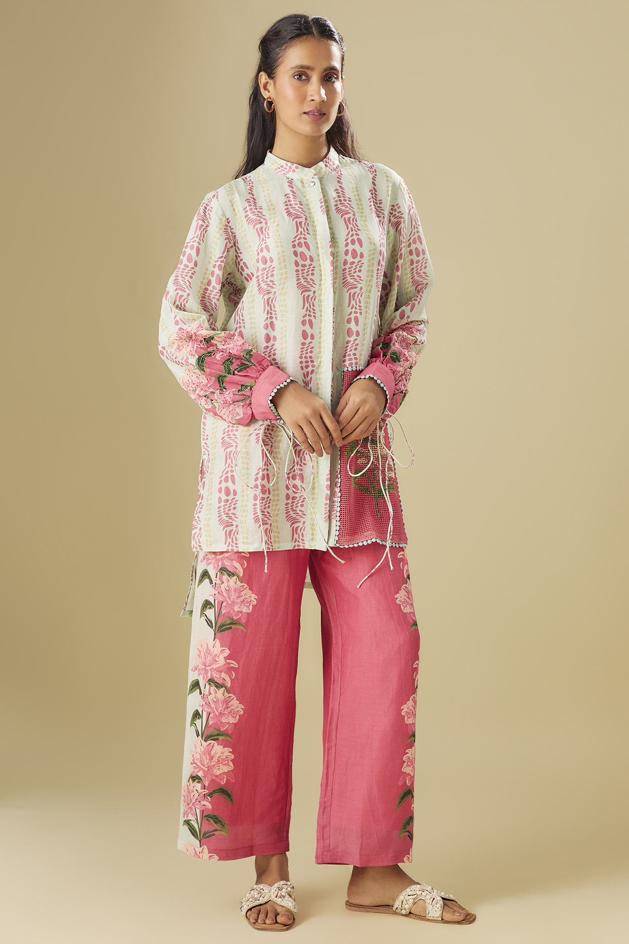Multi-Colored Linen Floral Printed & Hand Embroidered Co-Ord Set by Soup by Sougat Paul at Pernia's Pop Up Shop
