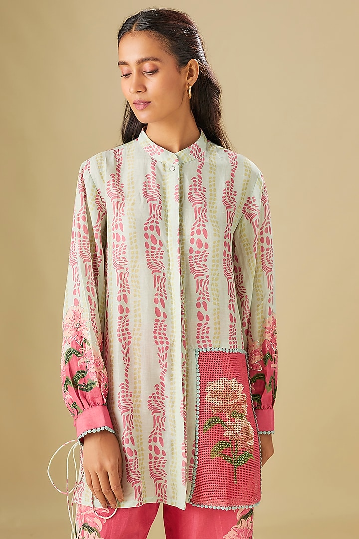 Multi-Colored Linen Floral Printed & Hand Embroidered Co-Ord Set by Soup by Sougat Paul at Pernia's Pop Up Shop