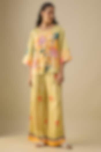 Yellow Satin Floral Printed Co-Ord Set by Soup by Sougat Paul at Pernia's Pop Up Shop