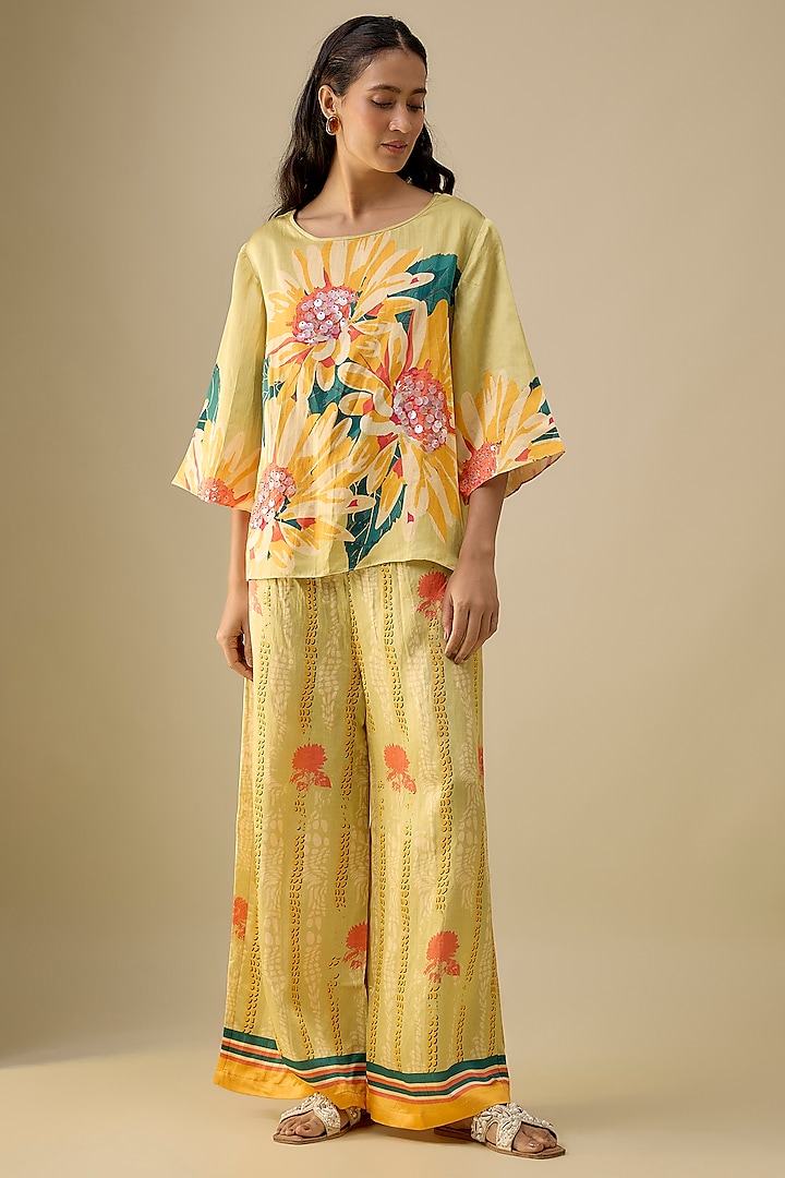 Yellow Satin Floral Printed Co-Ord Set by Soup by Sougat Paul at Pernia's Pop Up Shop