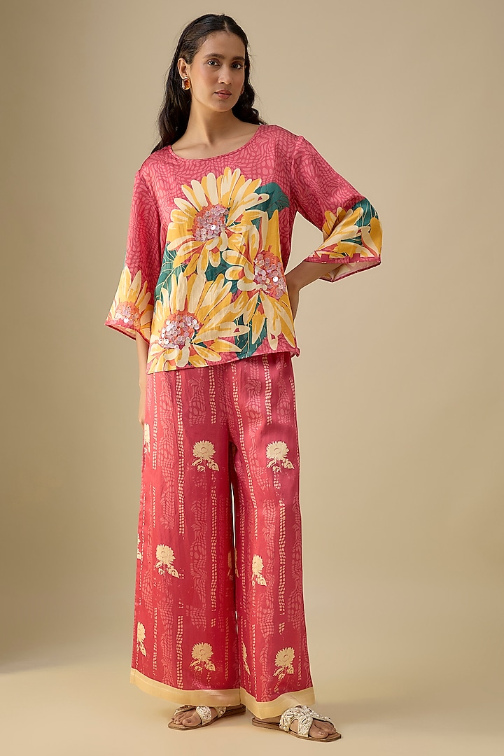 Pink Satin Floral Printed Co-Ord Set by Soup by Sougat Paul at Pernia's Pop Up Shop