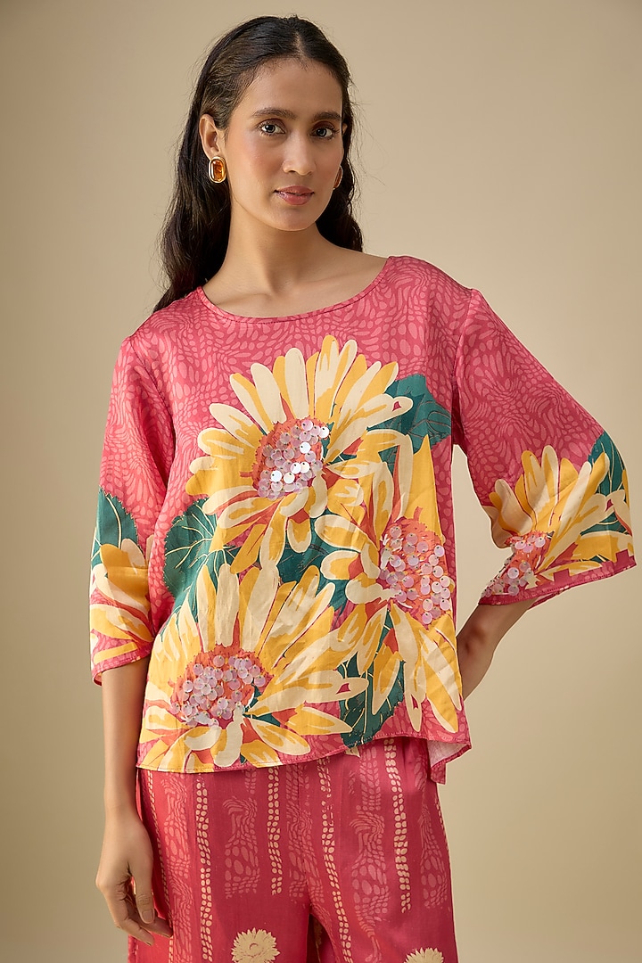 Pink Satin Floral Printed Co-Ord Set by Soup by Sougat Paul at Pernia's Pop Up Shop