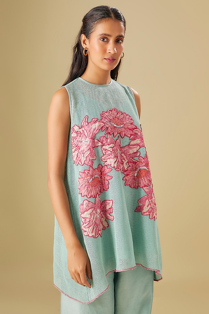 Sea Green Cotton Net Floral Applique Co-Ord Set by Soup by Sougat Paul at Pernia's Pop Up Shop