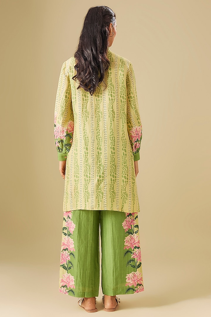 Green Linen Floral Printed & Hand Embroidered Co-Ord Set by Soup by Sougat Paul at Pernia's Pop Up Shop