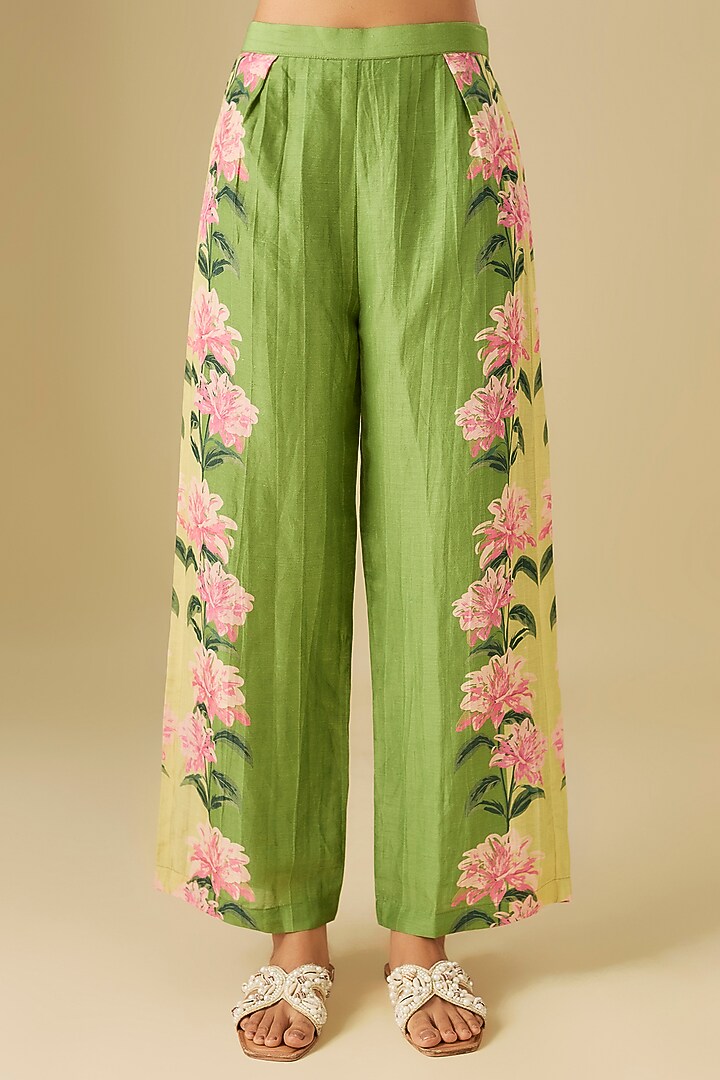 Green Linen Floral Printed & Hand Embroidered Co-Ord Set by Soup by Sougat Paul at Pernia's Pop Up Shop