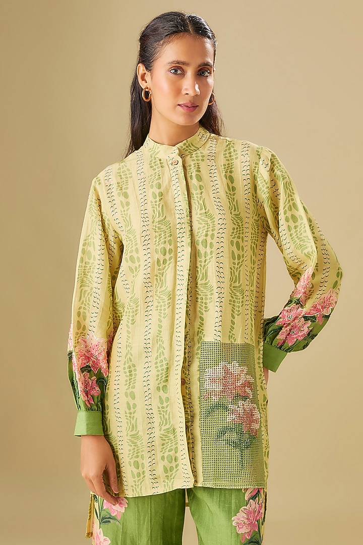 Green Linen Floral Printed & Hand Embroidered Co-Ord Set by Soup by Sougat Paul at Pernia's Pop Up Shop