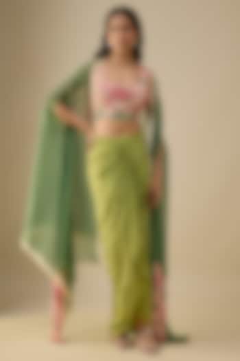 Green Crepe Draped Skirt Set by Soup by Sougat Paul at Pernia's Pop Up Shop
