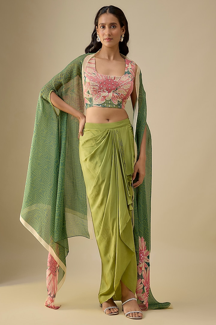 Green Crepe Draped Skirt Set by Soup by Sougat Paul at Pernia's Pop Up Shop