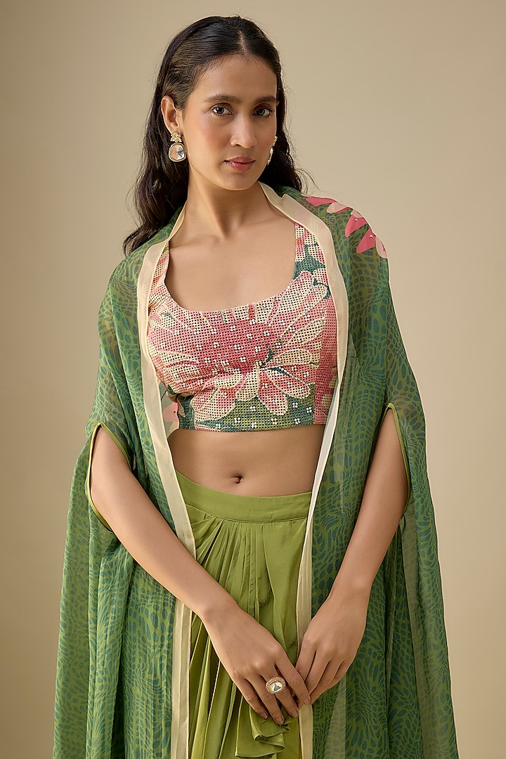 Green Crepe Draped Skirt Set by Soup by Sougat Paul at Pernia's Pop Up Shop