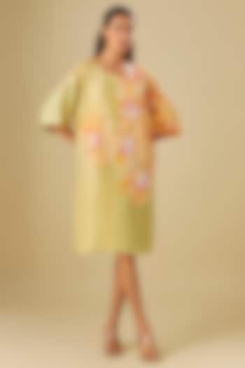 Yellow Linen Floral Hand Embellished Summer Dress by Soup by Sougat Paul at Pernia's Pop Up Shop