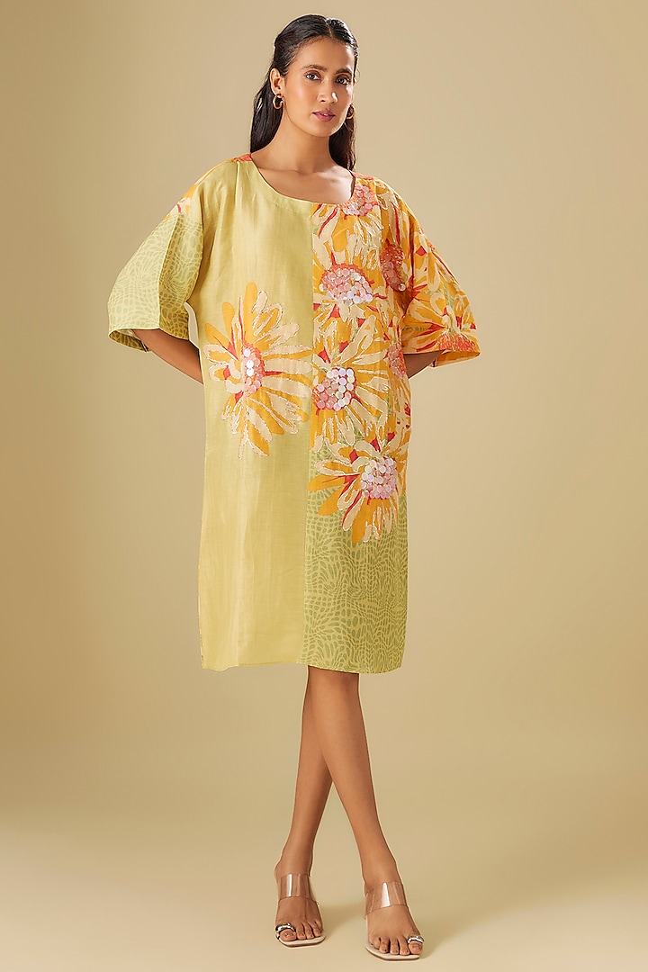 Yellow Linen Floral Hand Embellished Summer Dress by Soup by Sougat Paul at Pernia's Pop Up Shop