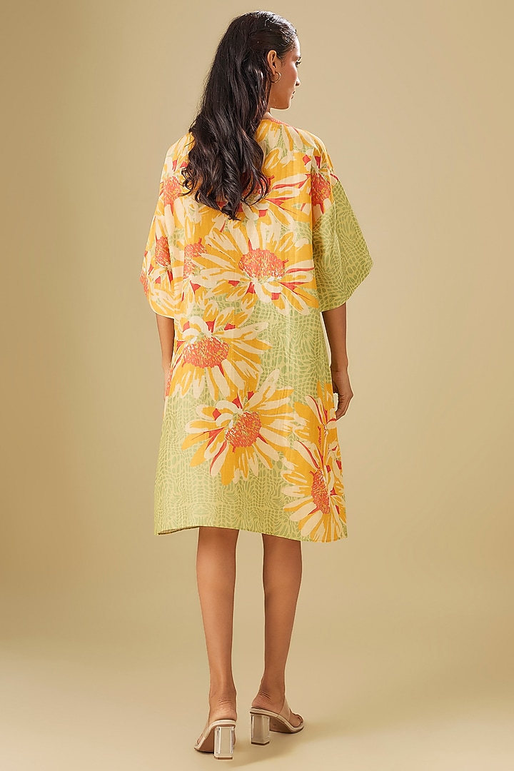 Yellow Linen Floral Hand Embellished Summer Dress by Soup by Sougat Paul at Pernia's Pop Up Shop
