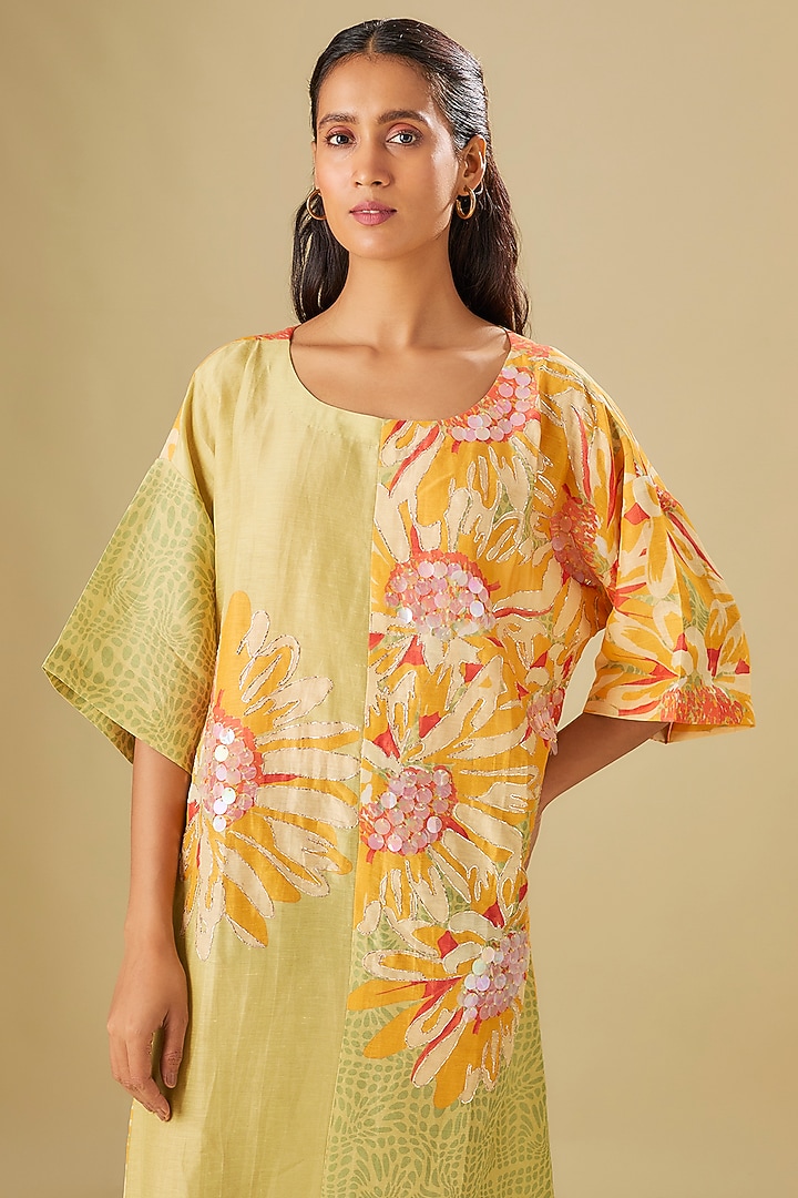 Yellow Linen Floral Hand Embellished Summer Dress by Soup by Sougat Paul at Pernia's Pop Up Shop