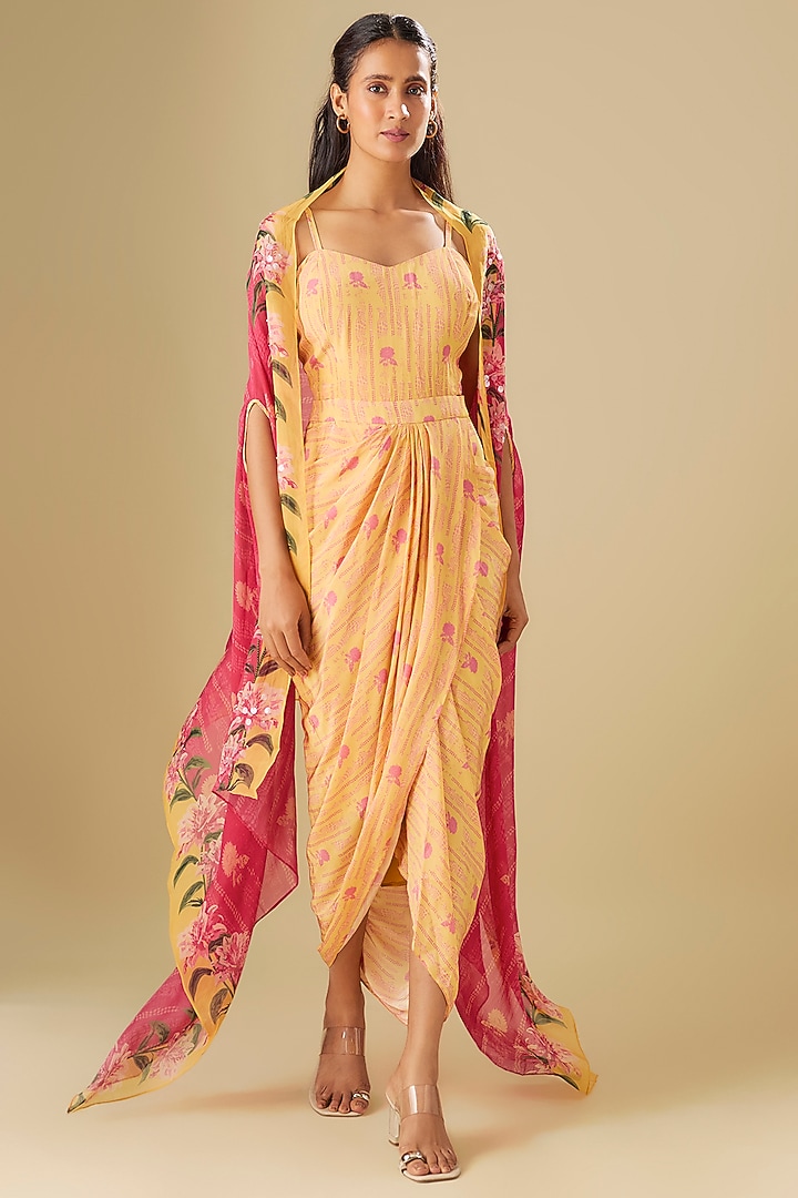 Yellow Flat Chiffon Printed Draped Vacation Dress by Soup by Sougat Paul at Pernia's Pop Up Shop
