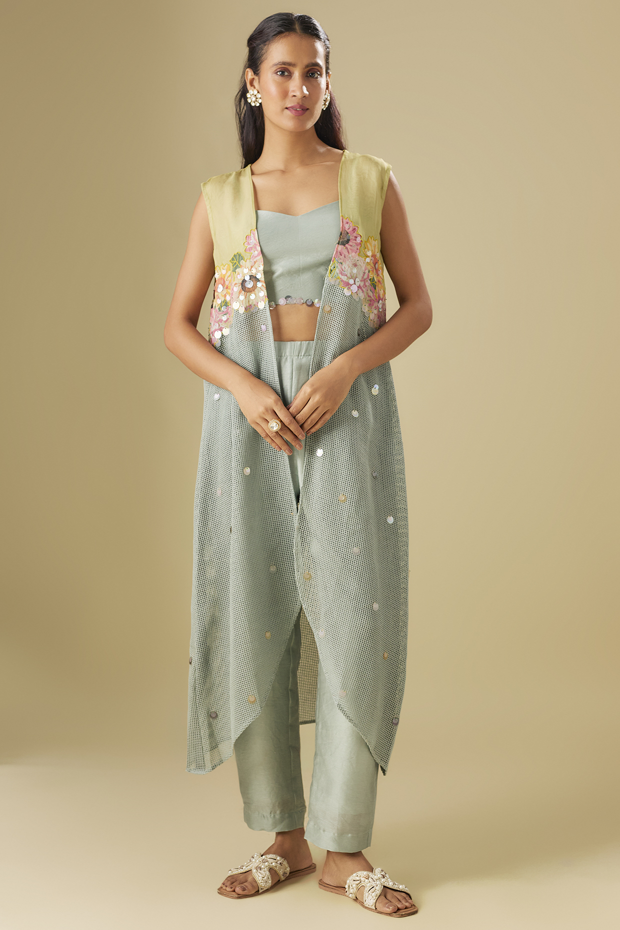 Blue Chanderi & Cotton Net Pant Set by Soup by Sougat Paul at Pernia's Pop Up Shop