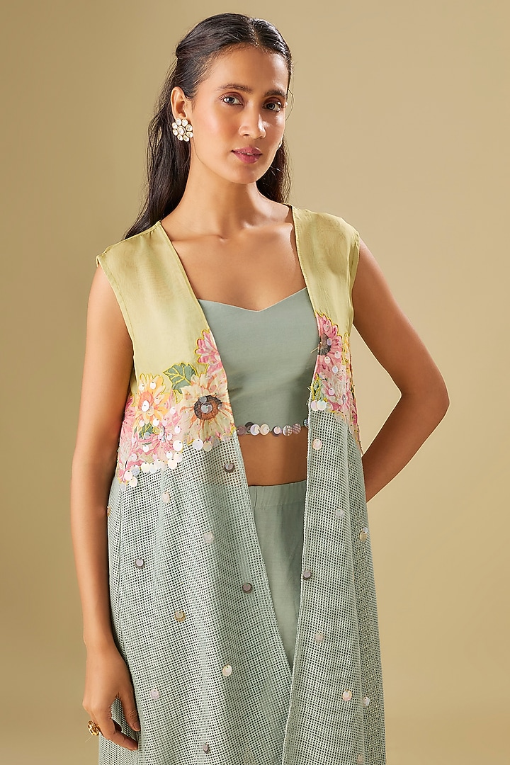 Blue Chanderi & Cotton Net Pant Set by Soup by Sougat Paul at Pernia's Pop Up Shop