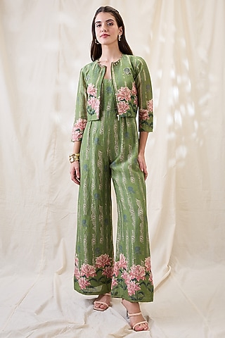 Green Linen Printed Jumpsuit With Jacket by Soup by Sougat Paul