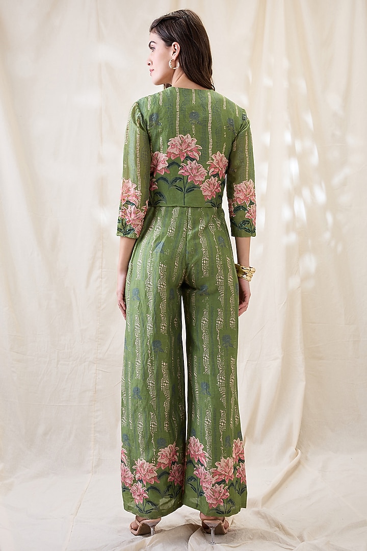 Green Linen Printed Jumpsuit With Jacket by Soup by Sougat Paul at Pernia's Pop Up Shop