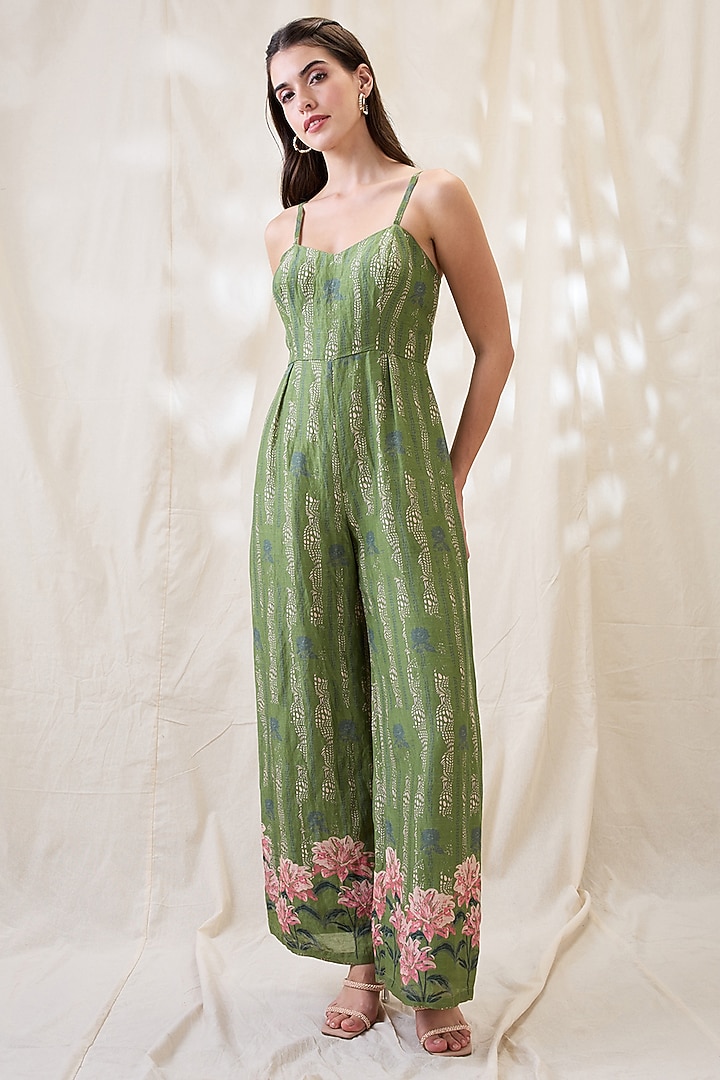 Green Linen Printed Jumpsuit With Jacket by Soup by Sougat Paul at Pernia's Pop Up Shop