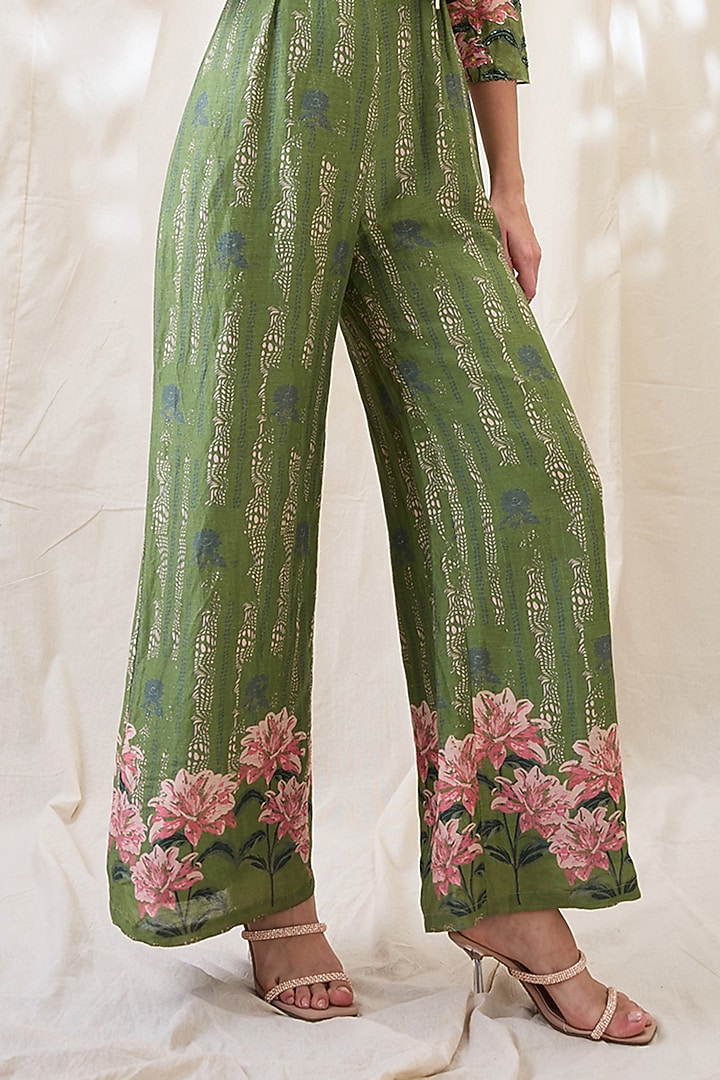 Green Linen Printed Jumpsuit With Jacket by Soup by Sougat Paul at Pernia's Pop Up Shop