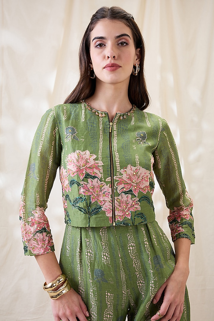 Green Linen Printed Jumpsuit With Jacket by Soup by Sougat Paul at Pernia's Pop Up Shop
