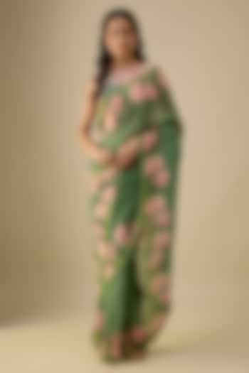 Green Organza Floral Printed Pre-Stitched Party Wear Saree Set by Soup by Sougat Paul at Pernia's Pop Up Shop