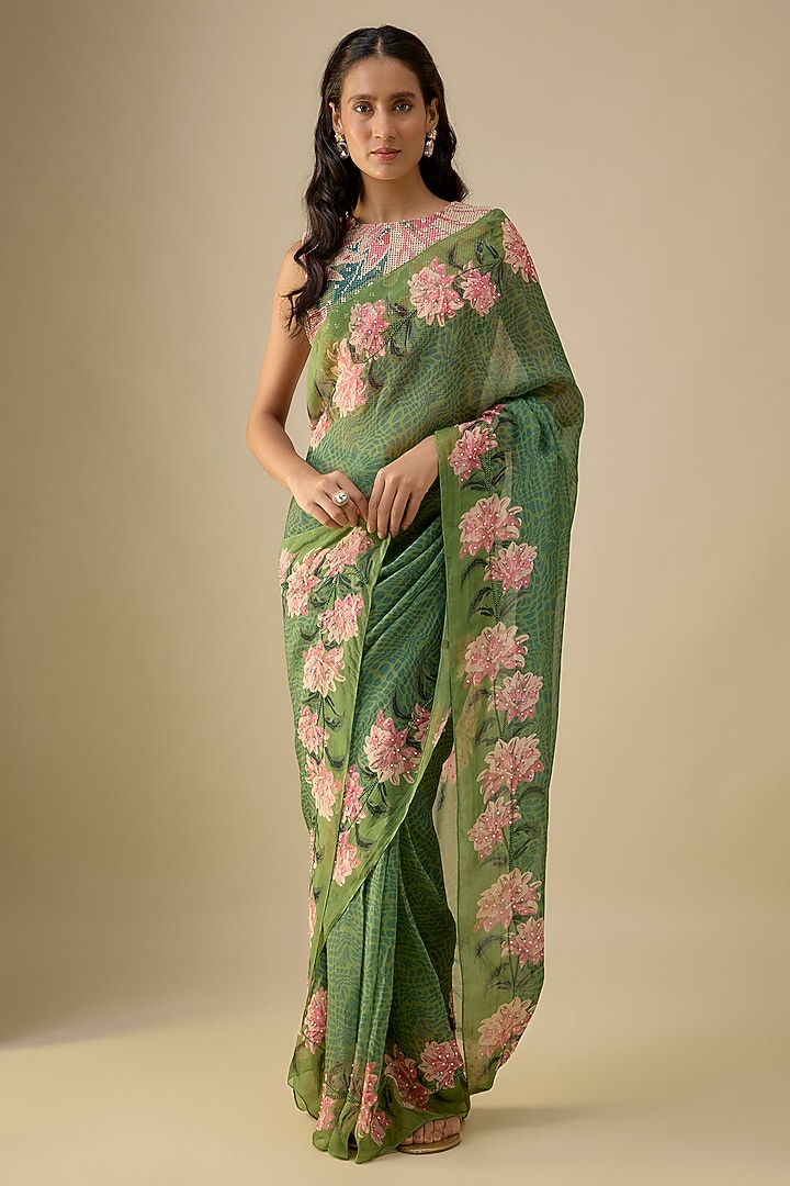 Green Organza Floral Printed Pre-Stitched Party Wear Saree Set by Soup by Sougat Paul at Pernia's Pop Up Shop