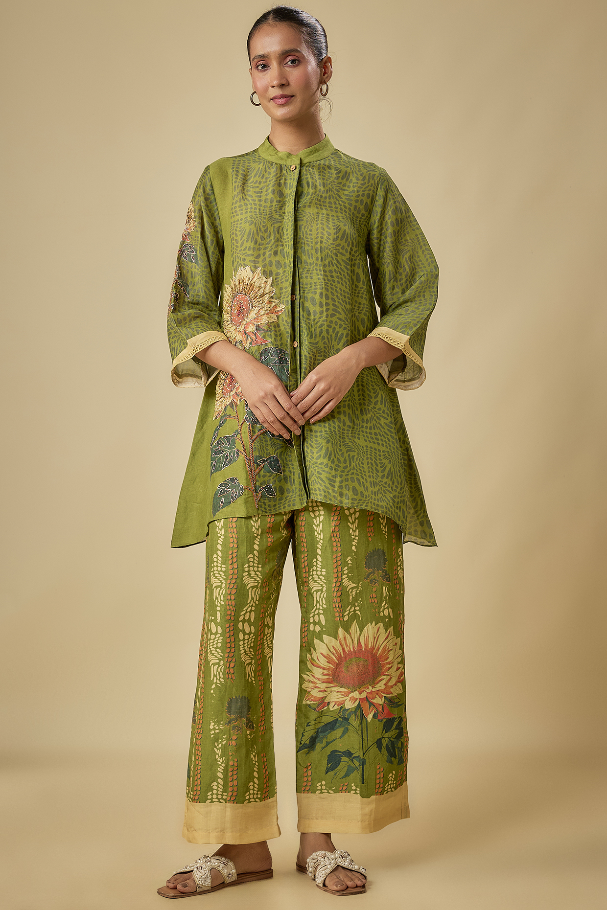 Green Linen Embroidered Co-Ord Set by Soup by Sougat Paul at Pernia's Pop Up Shop